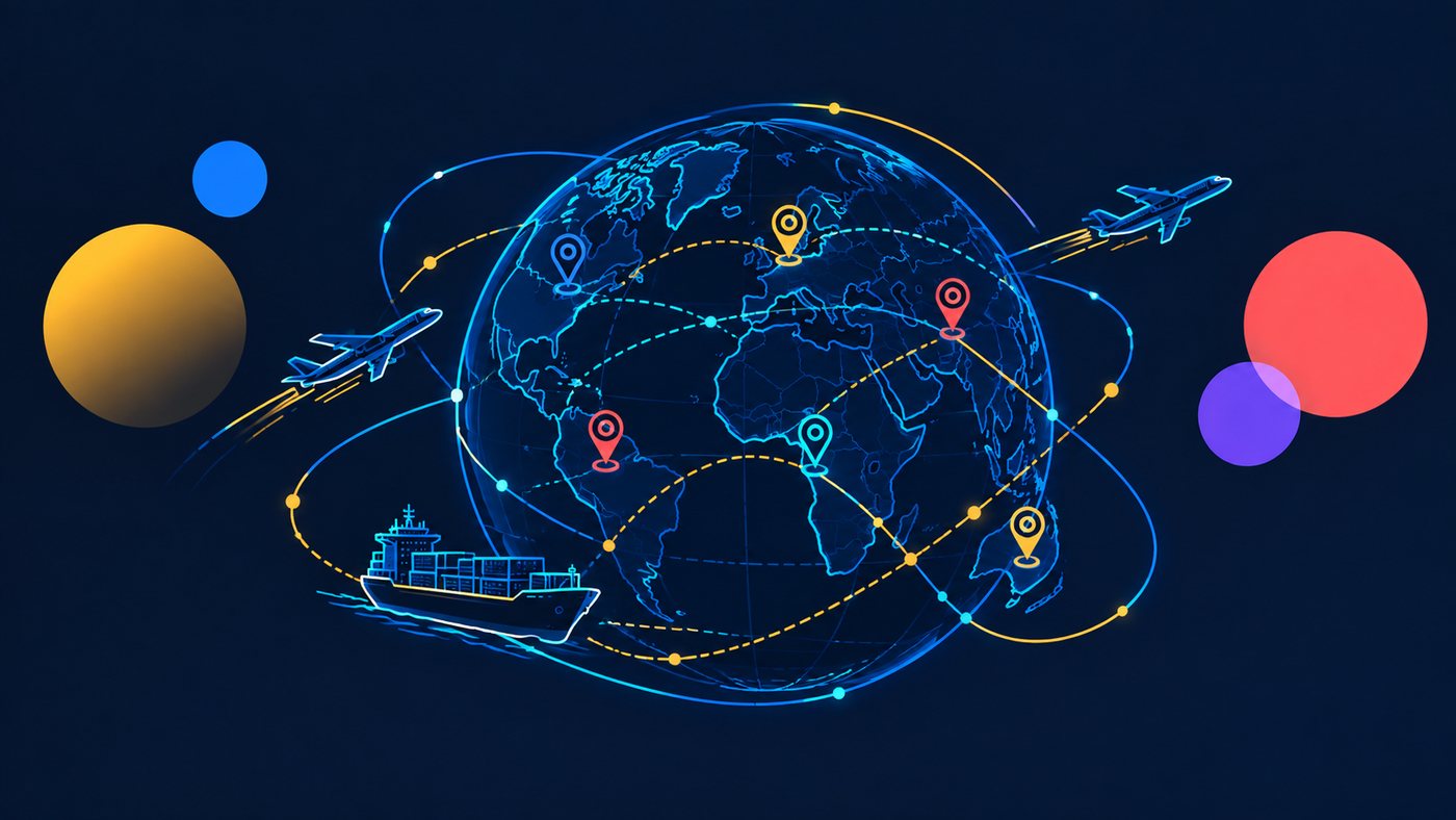 Glowing globe with trade routes, aircraft and a cargo ship