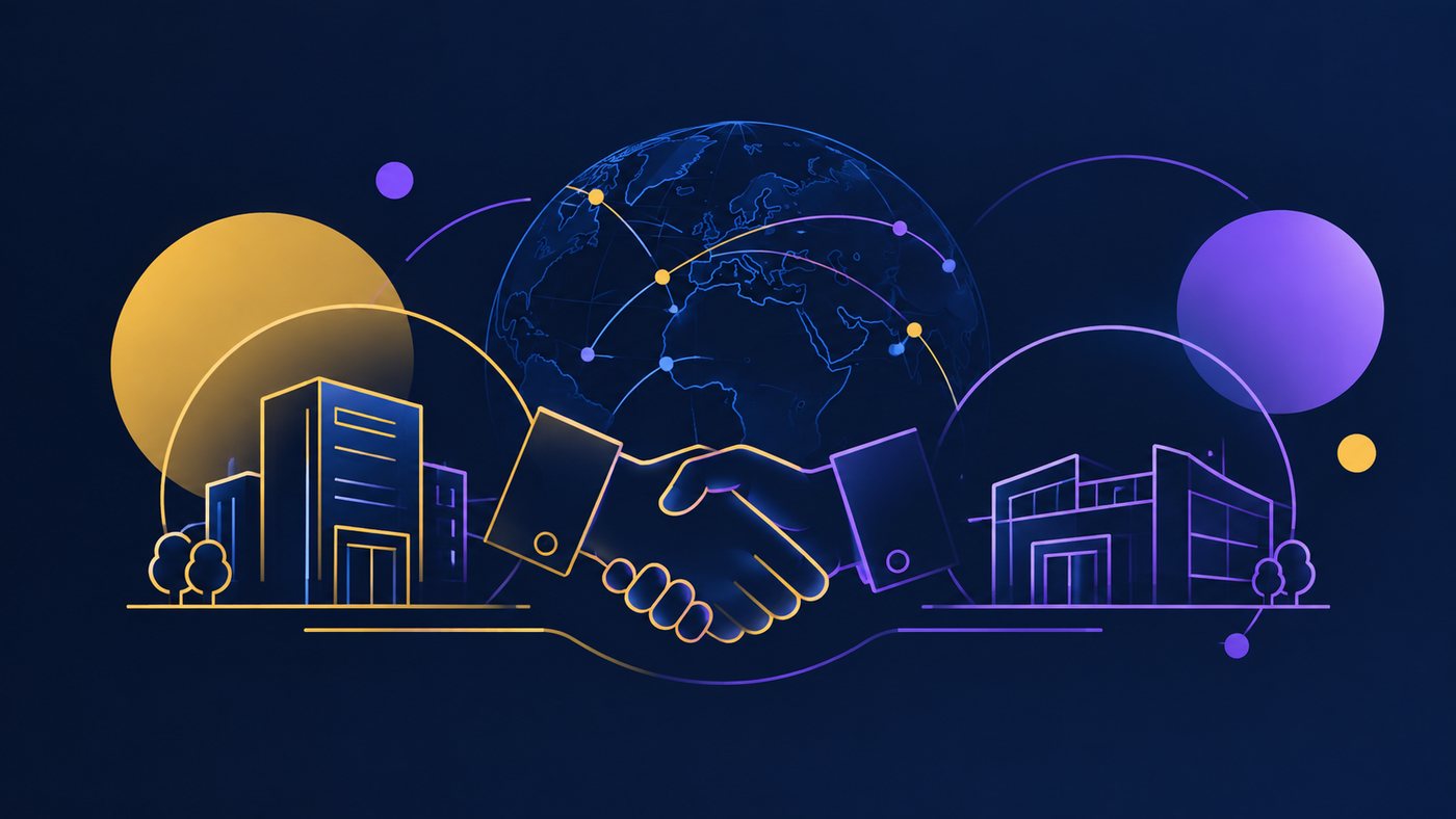 Handshake in front of a globe, between two company buildings