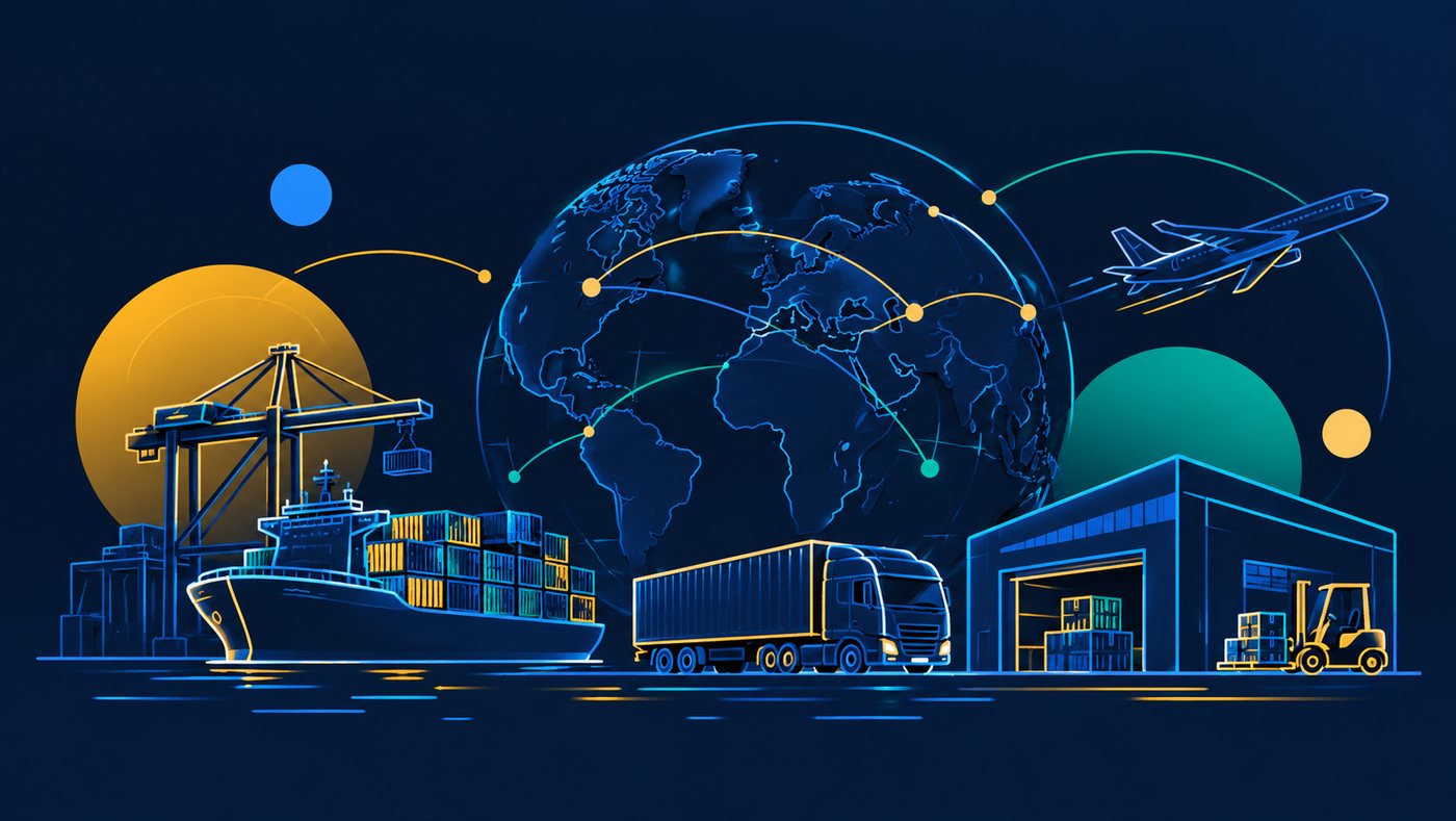 Globe with a port crane, cargo ship, truck and warehouse